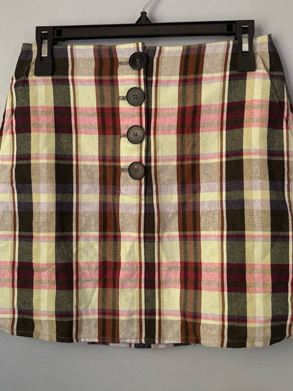 Button-Front Plaid Mini Skirt in Yellow, Pink and Brown